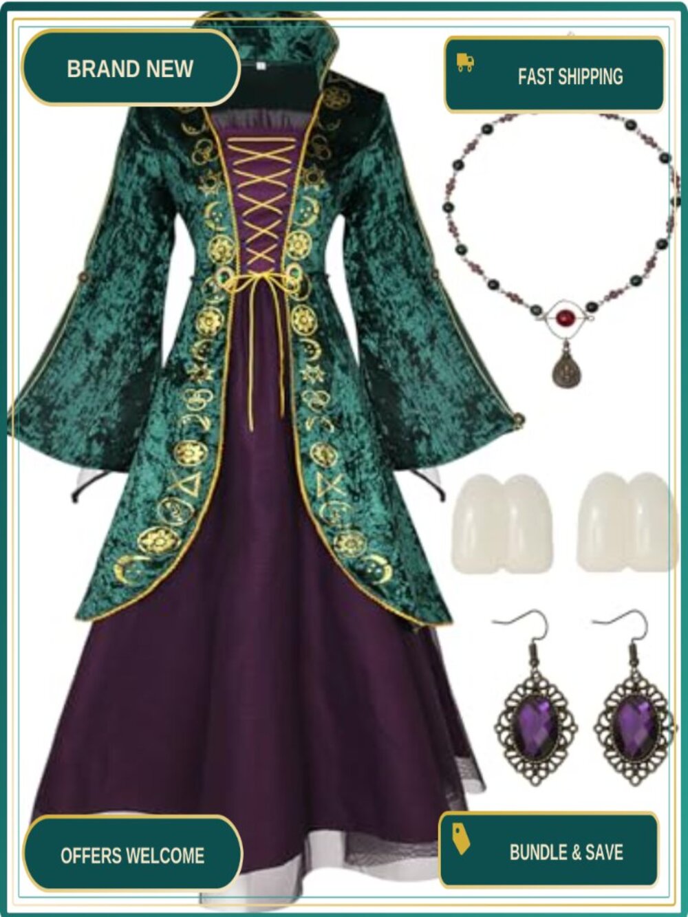Renaissance Velvet Witch Costume Dress & Accessories